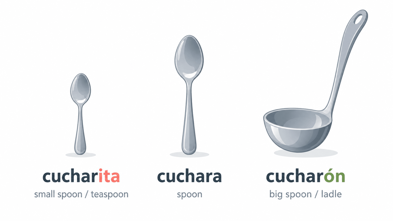 Spanish diminutives and augmentatives: cucharita, cuchara and cucharón shown as a small spoon, spoon and ladle